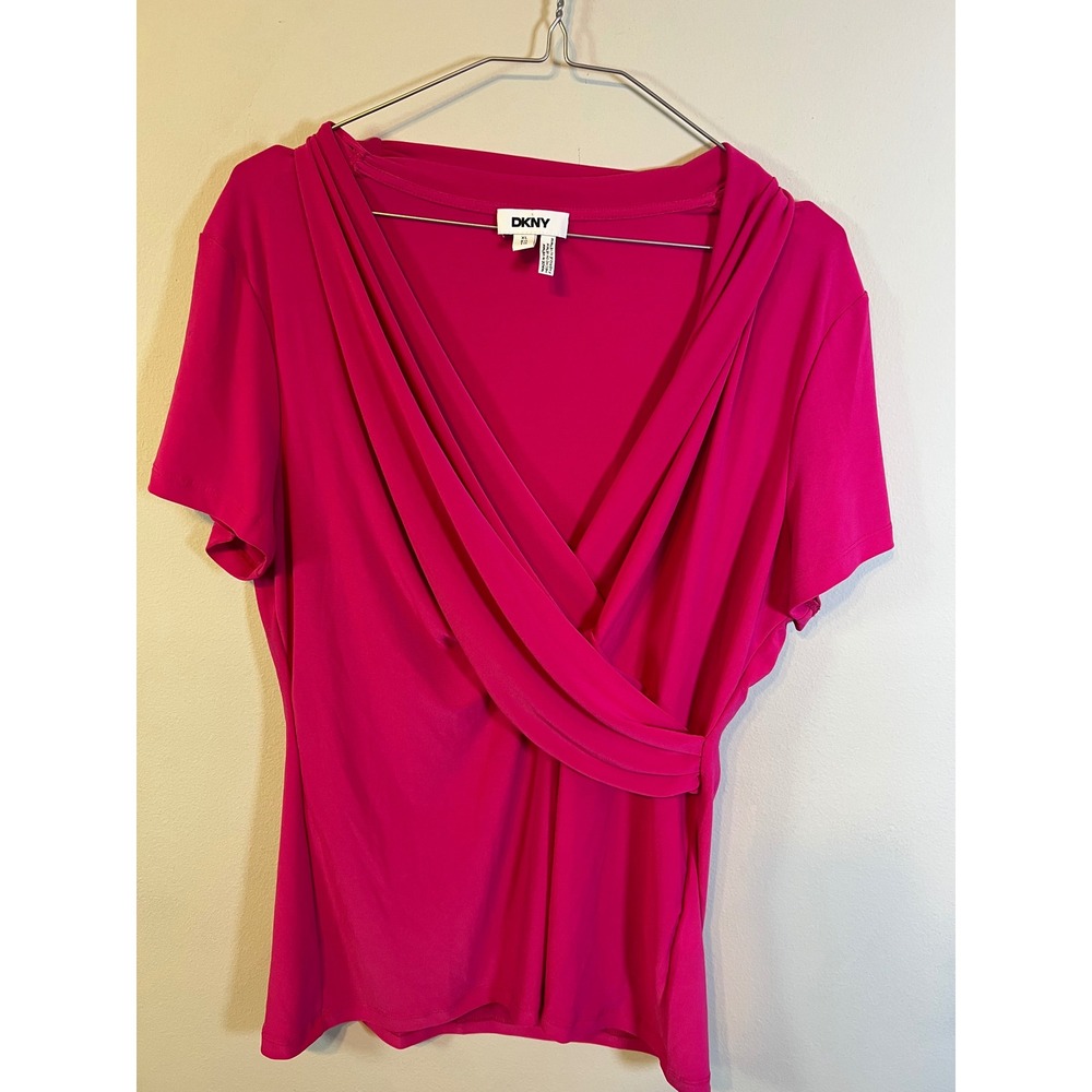 DKNY Womens Faux Wrap Blouse Draped Surplice Magenta Pink XL